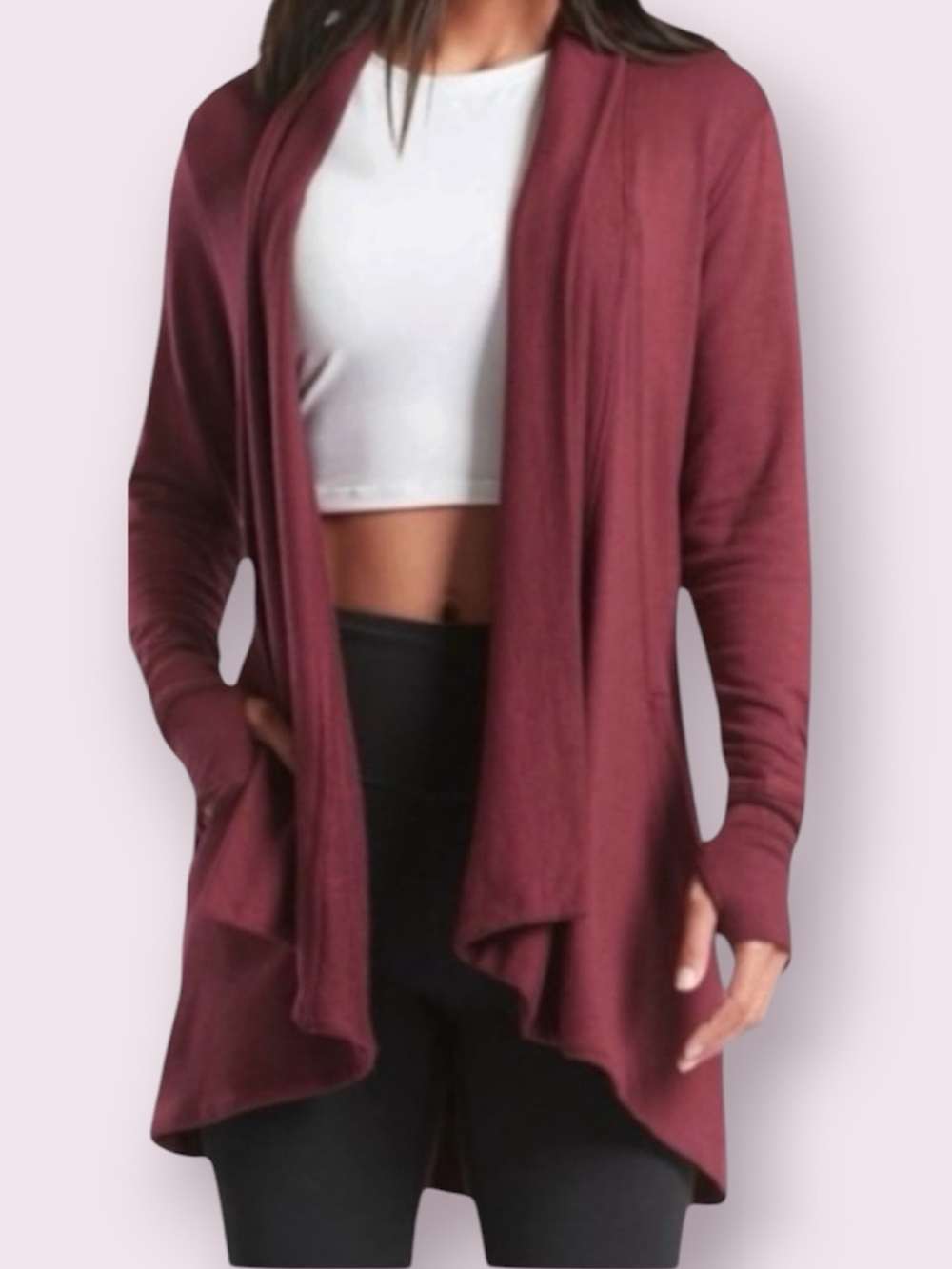 Athleta Open Front Long Cardigan Sweater Thumb Holes Burgundy Size Small